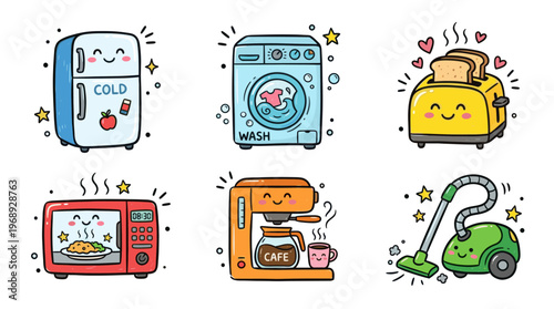 Colorful doodle household appliance icon set with cute kitchen and home devices