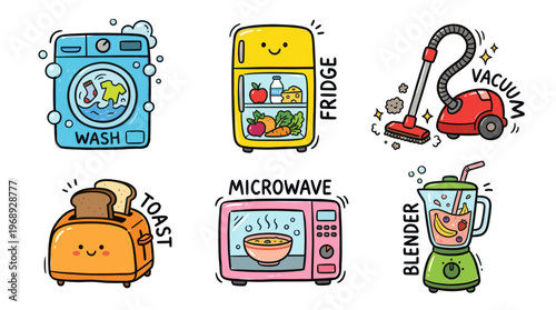 Colorful doodle household appliance icon set with cute kitchen and home devices