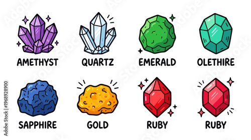 Colorful doodle crystal and mineral set with cute gemstone characters