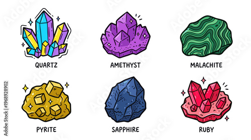 Colorful doodle crystal and mineral set with cute gemstone characters