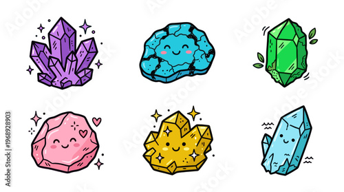 Colorful doodle crystal and mineral set with cute gemstone characters