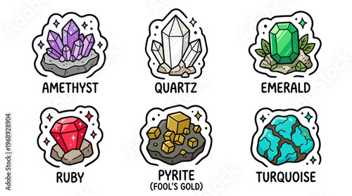 Colorful doodle crystal and mineral set with cute gemstone characters