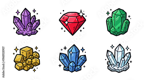 Colorful doodle crystal and mineral set with cute gemstone characters