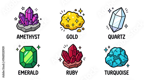 Colorful doodle crystal and mineral set with cute gemstone characters