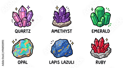 Colorful doodle crystal and mineral set with cute gemstone characters