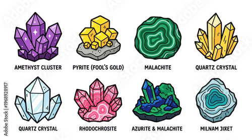 Colorful doodle crystal and mineral set with cute gemstone characters