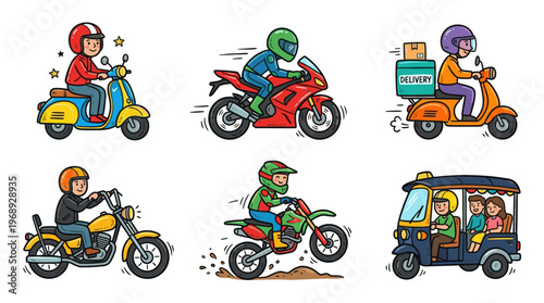 Colorful doodle motorcycle and scooter transport set with cute riders