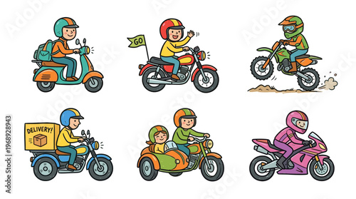 Colorful doodle motorcycle and scooter transport set with cute riders