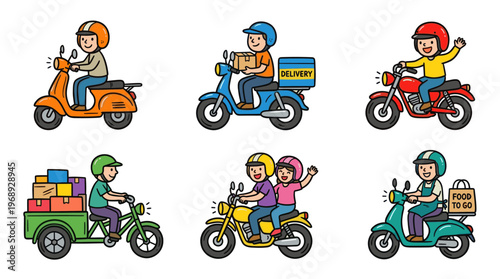 Colorful doodle motorcycle and scooter transport set with cute riders