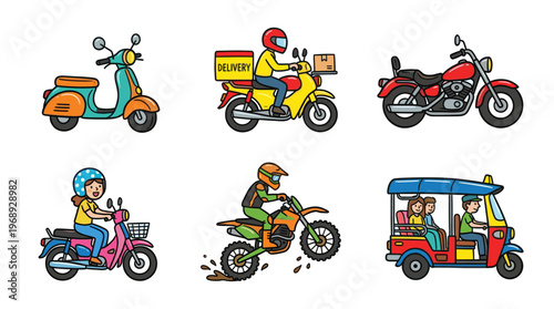 Colorful doodle motorcycle and scooter transport set with cute riders