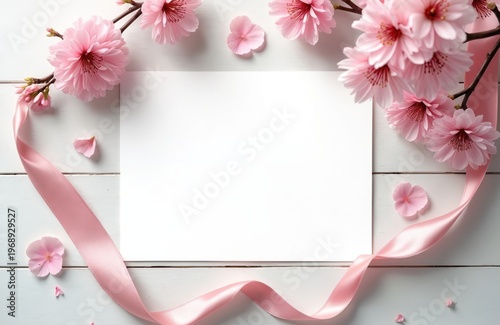 Blank card bordered by pink cherry blossoms and satin ribbon on white wood. Gentle floral setup perfect for spring invitations, celebrations, or greeting cards.