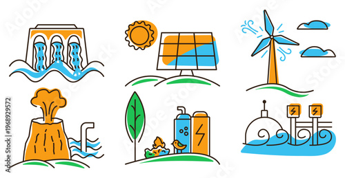 Renewable energy color icon set, bright colorful signs. Hydropower, solar energy, wind power, geothermal energy, bioenergy, tidal and wave power. Net zero vector isolated symbols