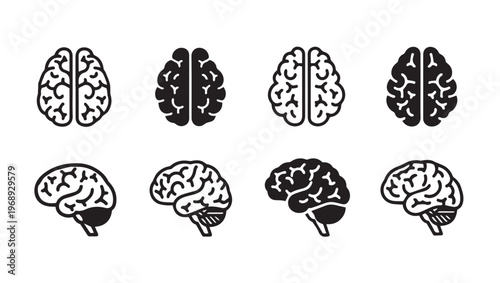 Human Brain Icons Set Front and Side Views Outline and Silhouette Styles