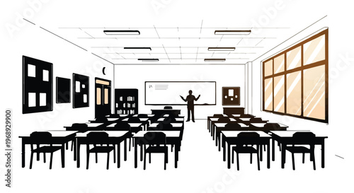 Minimalist Classroom Illustration with Teacher Silhouette and Desks