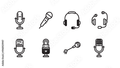 Microphone and Headphone Icons CollectionAudio Recording Equipment Symbols