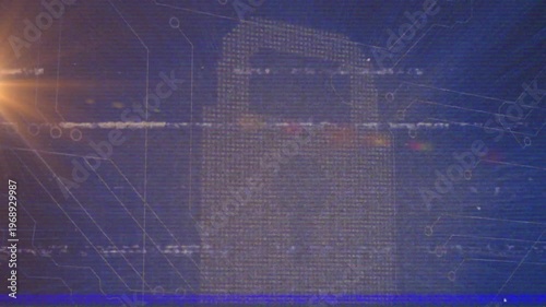 Animation of 3d lock icon on glitch digital interface with light beams