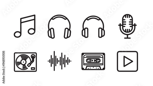 Music Icons Set: Turntable Headphones Microphone Cassette Play Button Notes Soundwave