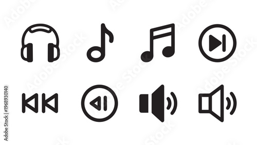 Music Player Icons Collection: Headphones Notes Play Rewind Volume Controls