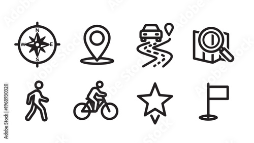 Navigation Icons Set: Compass Map Pin Car Route Magnifier Pedestrian Cyclist Star FlagOutline Style