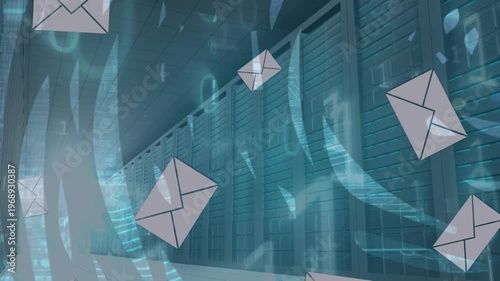 Animation of multiple message icons and binary coding over empty computer server room