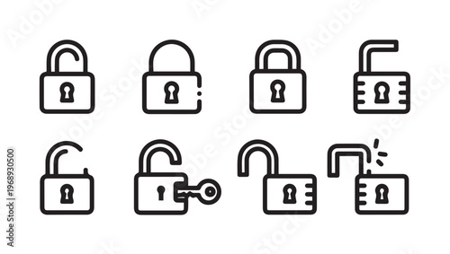 Padlock Icons Collection: Locked and Unlocked States with Key Vector Graphics