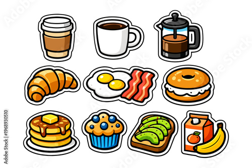 Colorful breakfast icons featuring coffee, croissant, eggs, pancakes, and avocado toast.