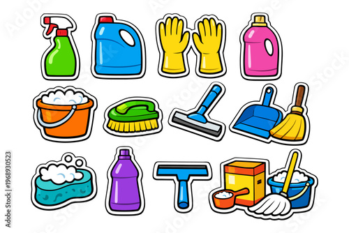 Colorful cleaning supplies and tools illustration with gloves and detergent.