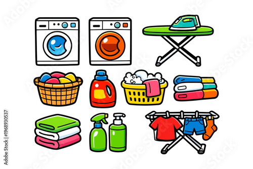 Household laundry essentials: washing machines, clothing, detergent, ironing board, towels, baskets.