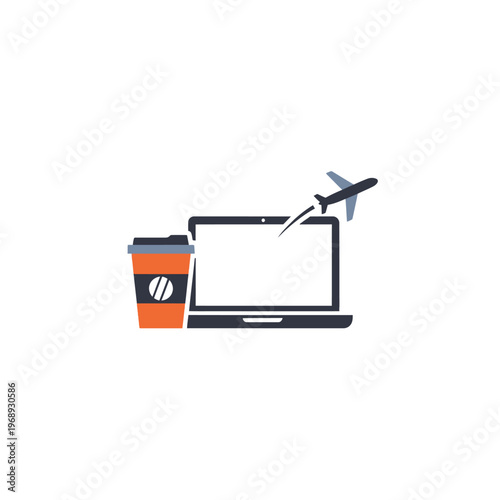 Laptop with Coffee Cup and Airplane Symbolizing Remote Work and Business Travel on an Isolated White Background