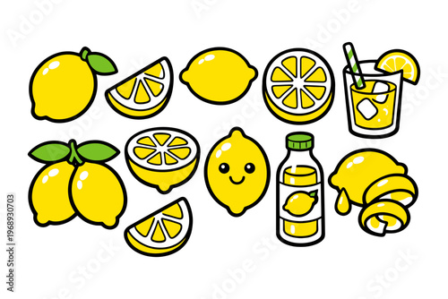 Fun lemon collection: whole, sliced, and juice bottle with smiling citrus design.