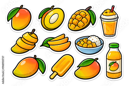 Assorted mango desserts and drinks with slices and illustrations.