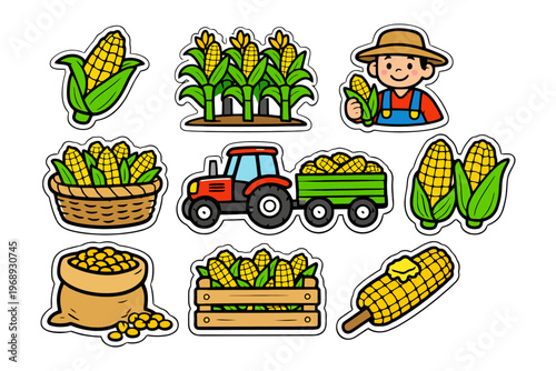 Cartoon cornfield sticker set with farmer, tractor, and harvested corn.