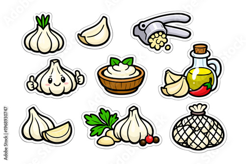 Cartoon garlic icons with olive oil, herbs, crusher, and sauce illustrations.