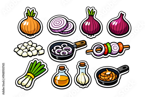 Colorful onion illustrations: whole, sliced, diced, and cooked in various styles.
