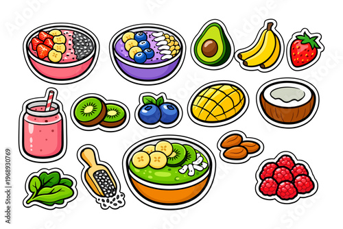 Colorful assorted fruits and smoothie bowls with nuts and berries.