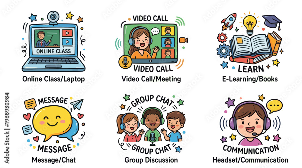 Naklejka premium Colorful doodle online learning and communication icon set