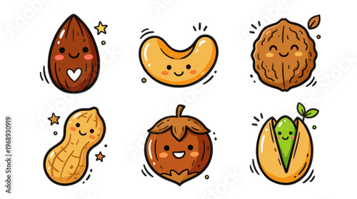 Colorful doodle nut collection with cute cartoon healthy snack icons