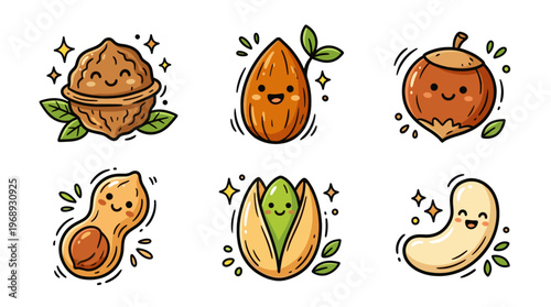 Colorful doodle nut collection with cute cartoon healthy snack icons