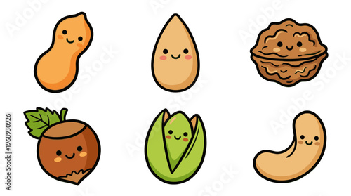 Colorful doodle nut collection with cute cartoon healthy snack icons