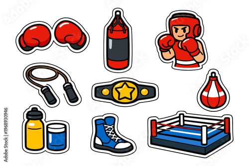 Boxing icons collection featuring gloves, punching bag, boxer, and ring.