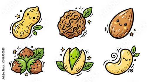 Colorful doodle nut collection with cute cartoon healthy snack icons