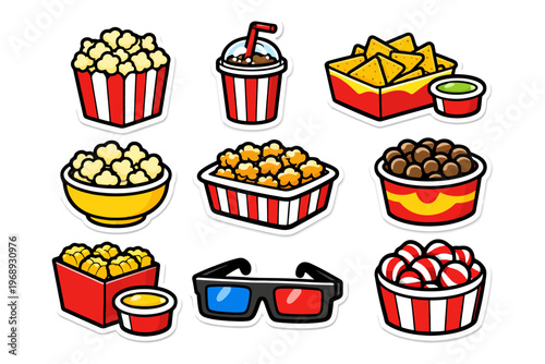 Collection of cinema snacks and 3d glasses illustration with popcorn, nachos, and snacks.