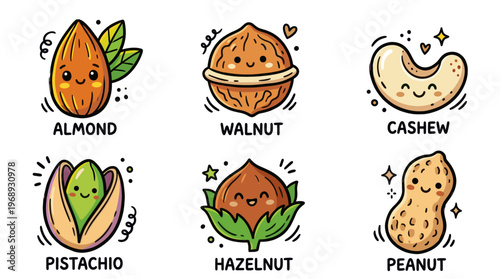 Colorful doodle nut collection with cute cartoon healthy snack icons