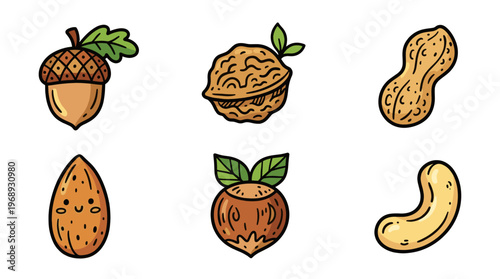 Colorful doodle nut collection with cute cartoon healthy snack icons