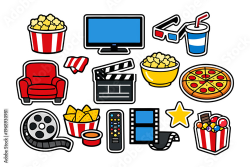 Home movie night icons: popcorn, pizza, couch, tv, remote, 3d glasses, film reel.