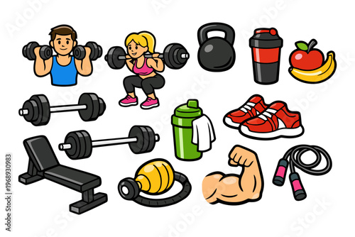 Cartoon fitness equipment and exercises with male and female characters.
