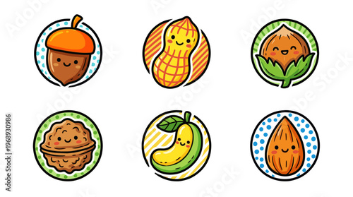Colorful doodle nut collection with cute cartoon healthy snack icons
