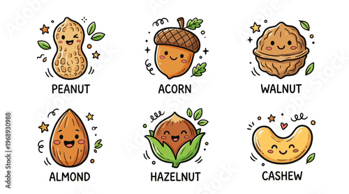 Colorful doodle nut collection with cute cartoon healthy snack icons