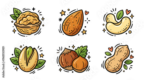 Colorful doodle nut collection with cute cartoon healthy snack icons