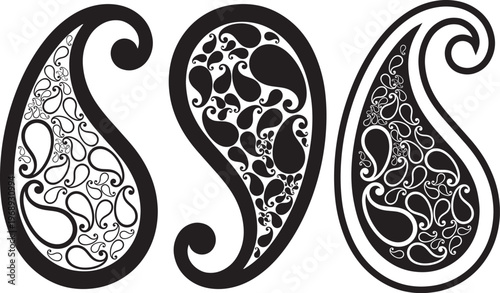 A set of three distinct paisley pattern designs in black and white vector art, showcasing intricate details and curves, perfect for textile or decorative use for boisakh alpona kolkha kalka